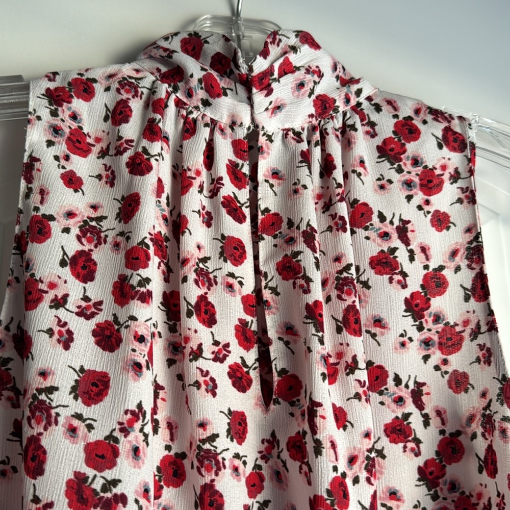 Ann Taylor Factory Sleeveless Ruffle Neck Floral Blouse - White & Red - Picture 4 of 6